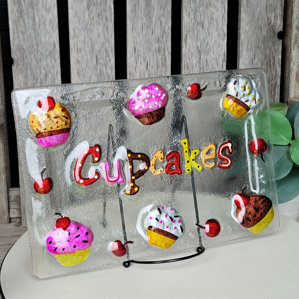 Cupcakes & Cherries Handpainted Fused Glass Rectangle Platter - Picture 2 of 8